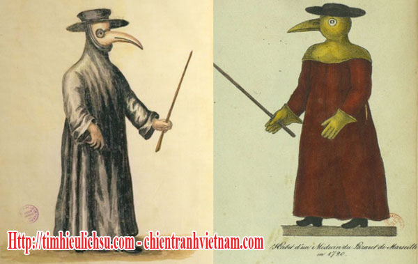 Hình vẽ bác sĩ chữa bệnh dịch hạch vào thế kỷ 17 với trang phục đồ đen mang mặt nạ mỏ chim