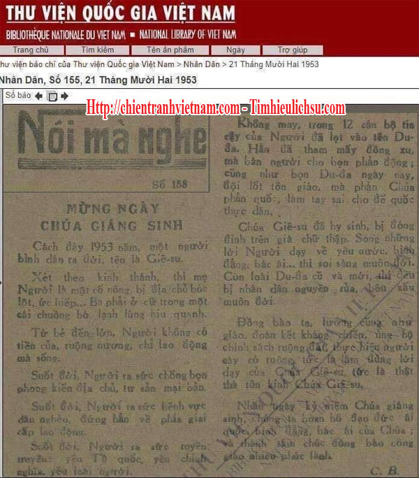 Chủ tịch Hồ Chí Minh chúc mừng ngày chúa Giáng Sinh ngày 21 tháng 12 năm 1953
