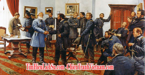 Tướng Robert E. Lee của quân đội miền Nam nước Mỹ trong màu áo xanh đầu hàng Tướng Ulysses Grant của miền Bắc tại làng Appomattox đã chấm dứt nội chiến Hoa Kỳ